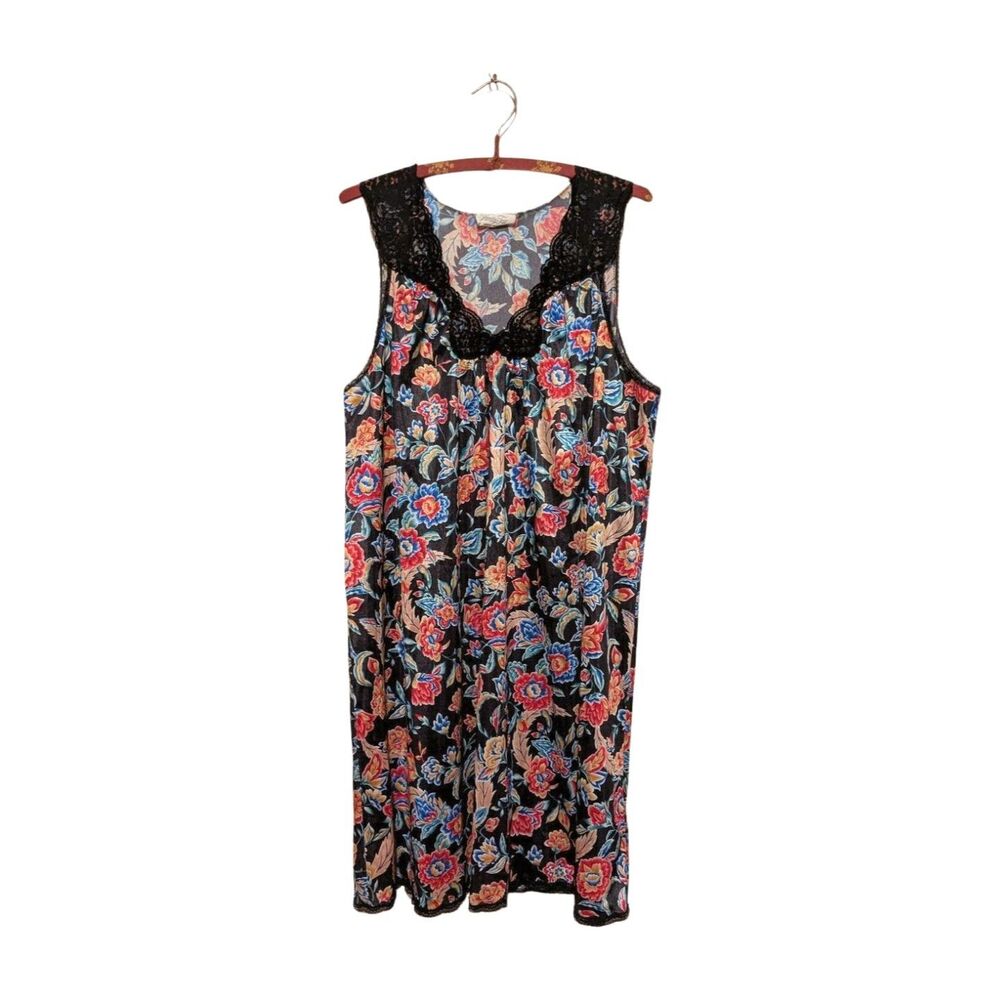 Vintage Vanity Fair Bold Black Floral  Nightgown L Nylon Tricot Lace